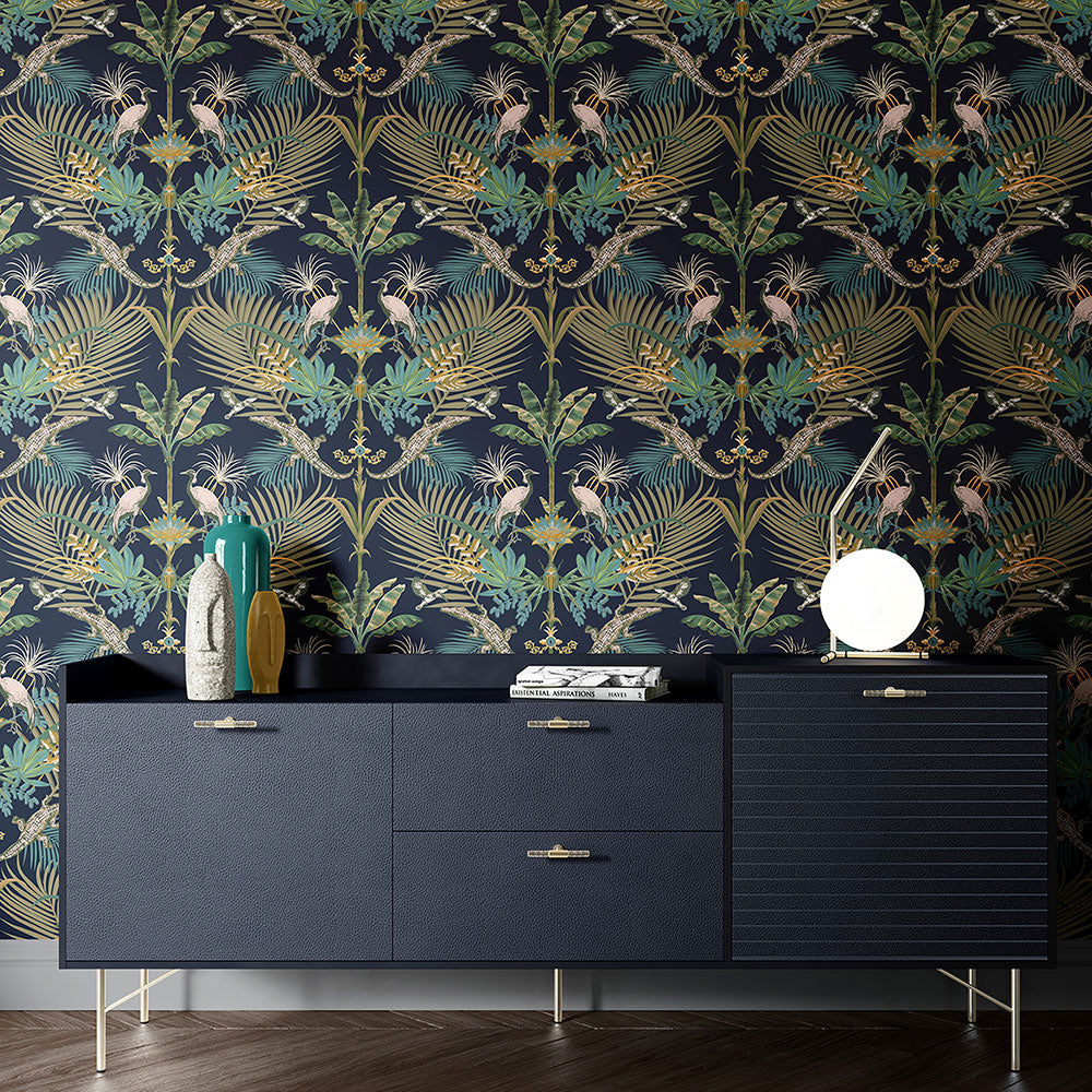 Bold Luxury Living Room Wallpaper with Crocodiles in Blue by Designer Becca Who