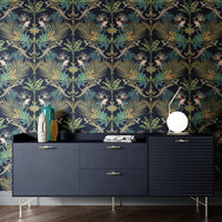 Bold Luxury Living Room Wallpaper with Crocodiles in Blue by Designer Becca Who