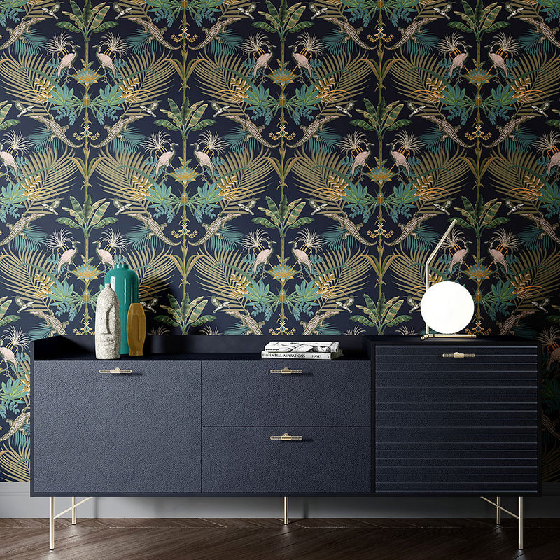 Bold Luxury Living Room Wallpaper with Crocodiles in Blue by Designer Becca Who