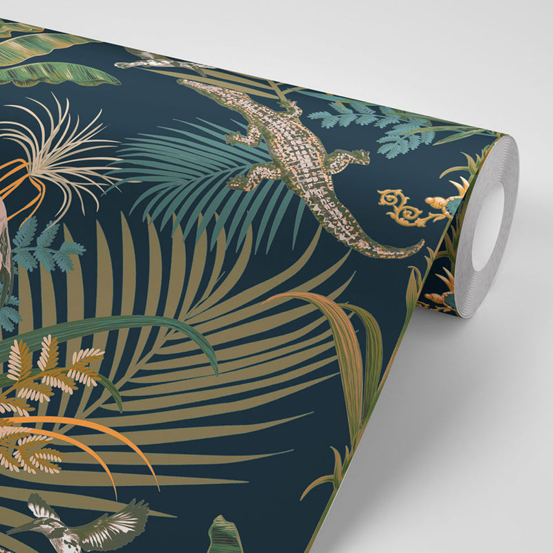 Crocodilia in Moonlit Blue | Bold Patterned Wallpaper