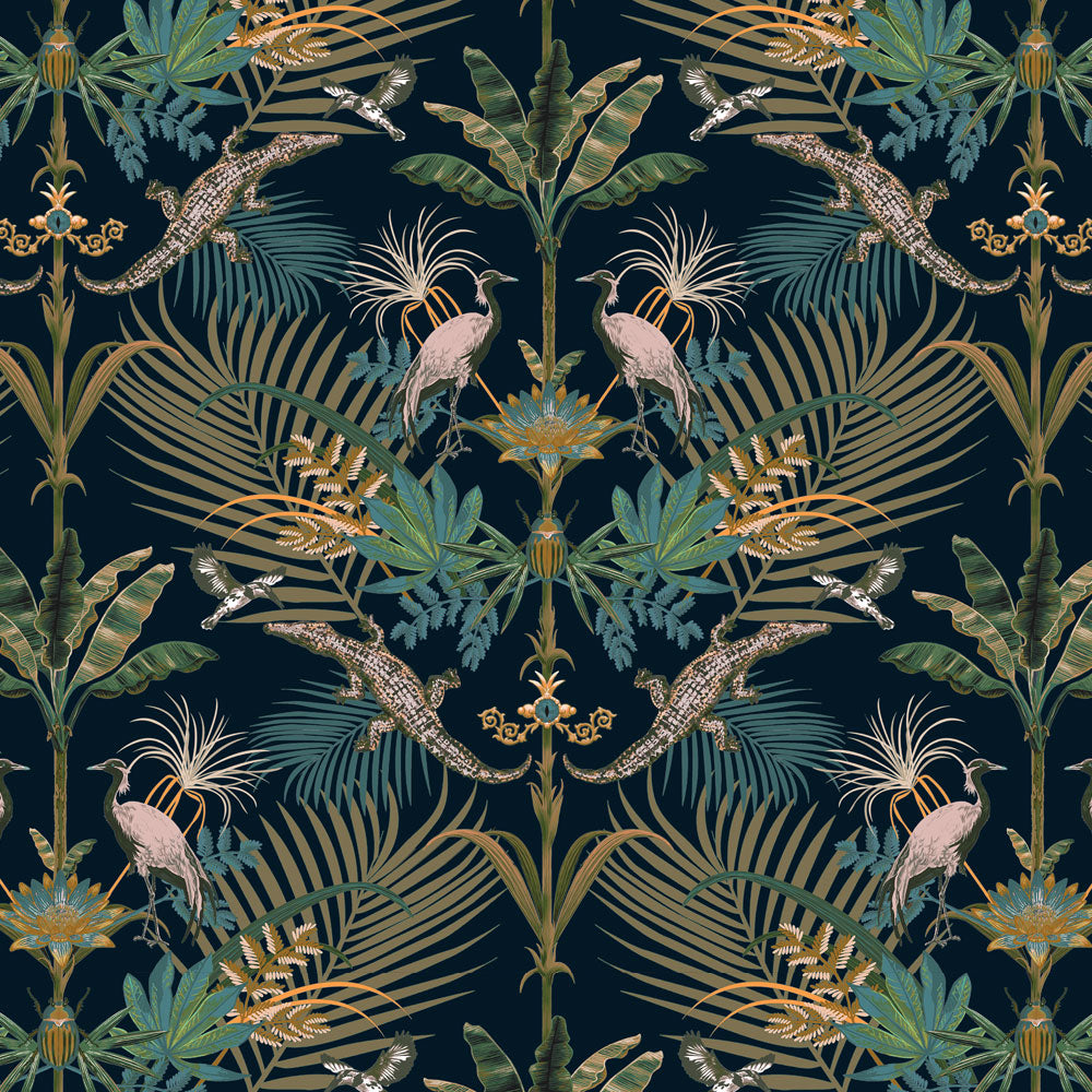 Blue Green Bold Patterned Wallpaper with Crocodiles for Unusual Maximalist Decor by UK Designer, Becca Who