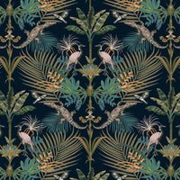 Blue Green Bold Patterned Wallpaper with Crocodiles for Unusual Maximalist Decor by UK Designer, Becca Who