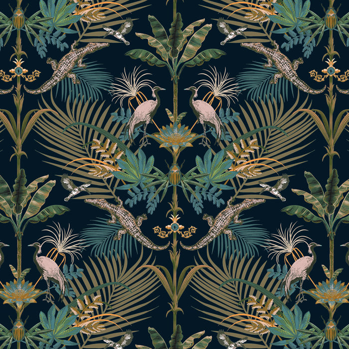 Blue Green Bold Patterned Wallpaper with Crocodiles for Unusual Maximalist Decor by UK Designer, Becca Who