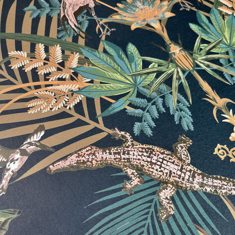 Bold Patterned Crocodiles Wallpaper in Blue & Green by Designer Becca Who