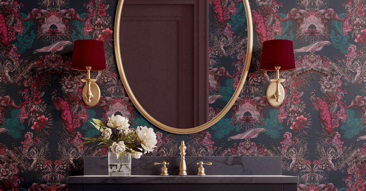 Bold, Artistic Velvet Fabric and Wallpaper design for Maximalist Interiors shown on feature wall in luxury bathroom