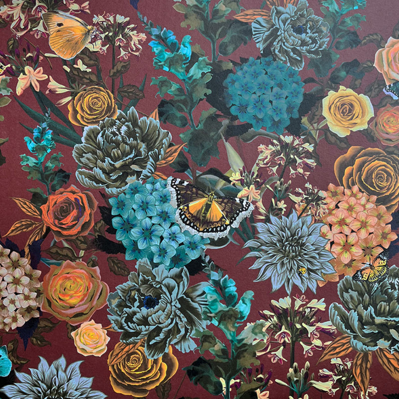 Vintage Style Floral Wallpaper in Burgundy by Designer, Becca Who