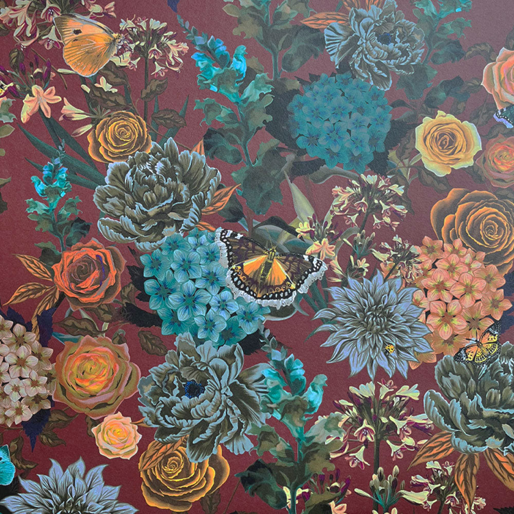 Vintage Style Floral Wallpaper in Burgundy by Designer, Becca Who