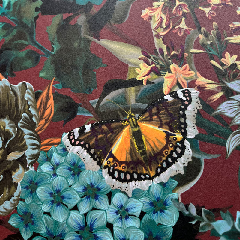 Vintage Style Dark Floral Wallpaper in Burgundy by Designer, Becca Who