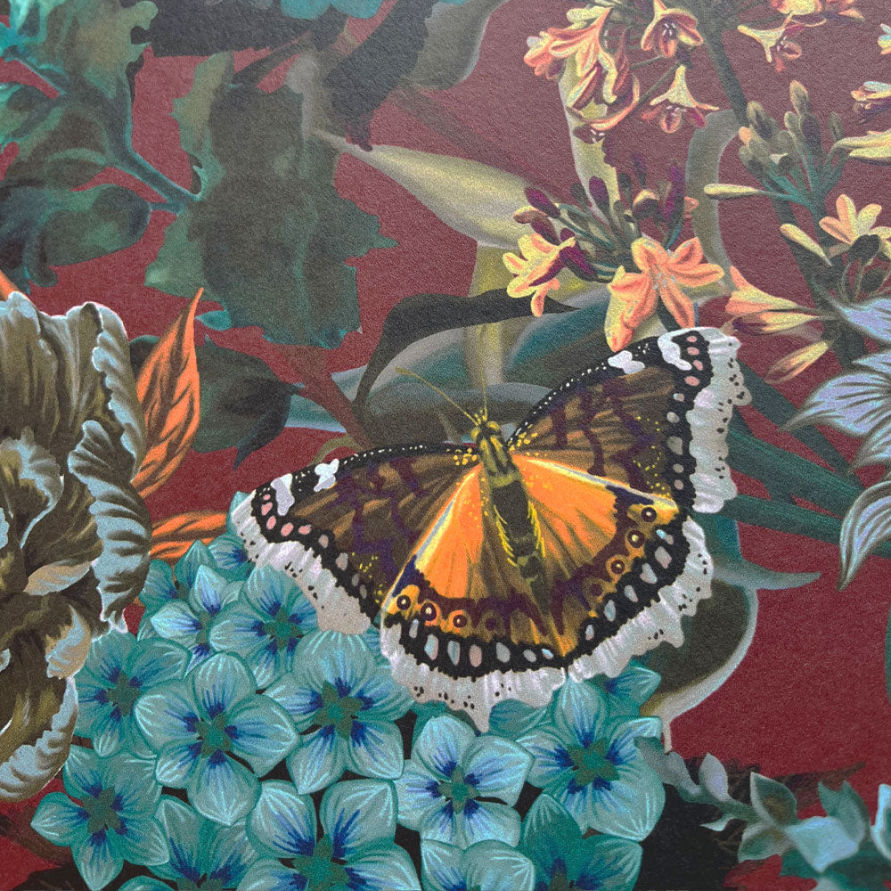 Vintage Style Dark Floral Wallpaper in Burgundy by Designer, Becca Who
