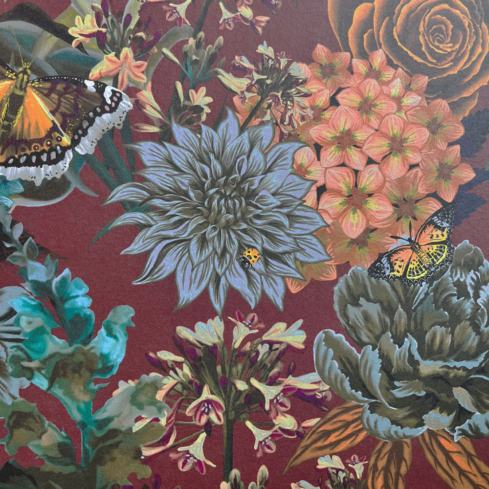 Vintage Style Floral Wallpaper in Burgundy by UK Designer, Becca Who