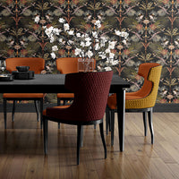 Bold, Patterned Dark Wallpaper in Dining Room by Designer, Becca Who