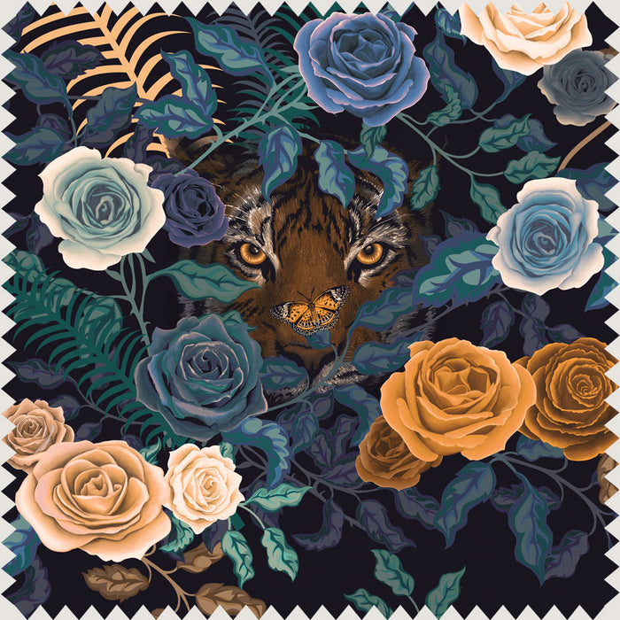 Blue and Mustard Floral Tiger Velvet Designer Upholstery and Curtain Fabric by Becca Who