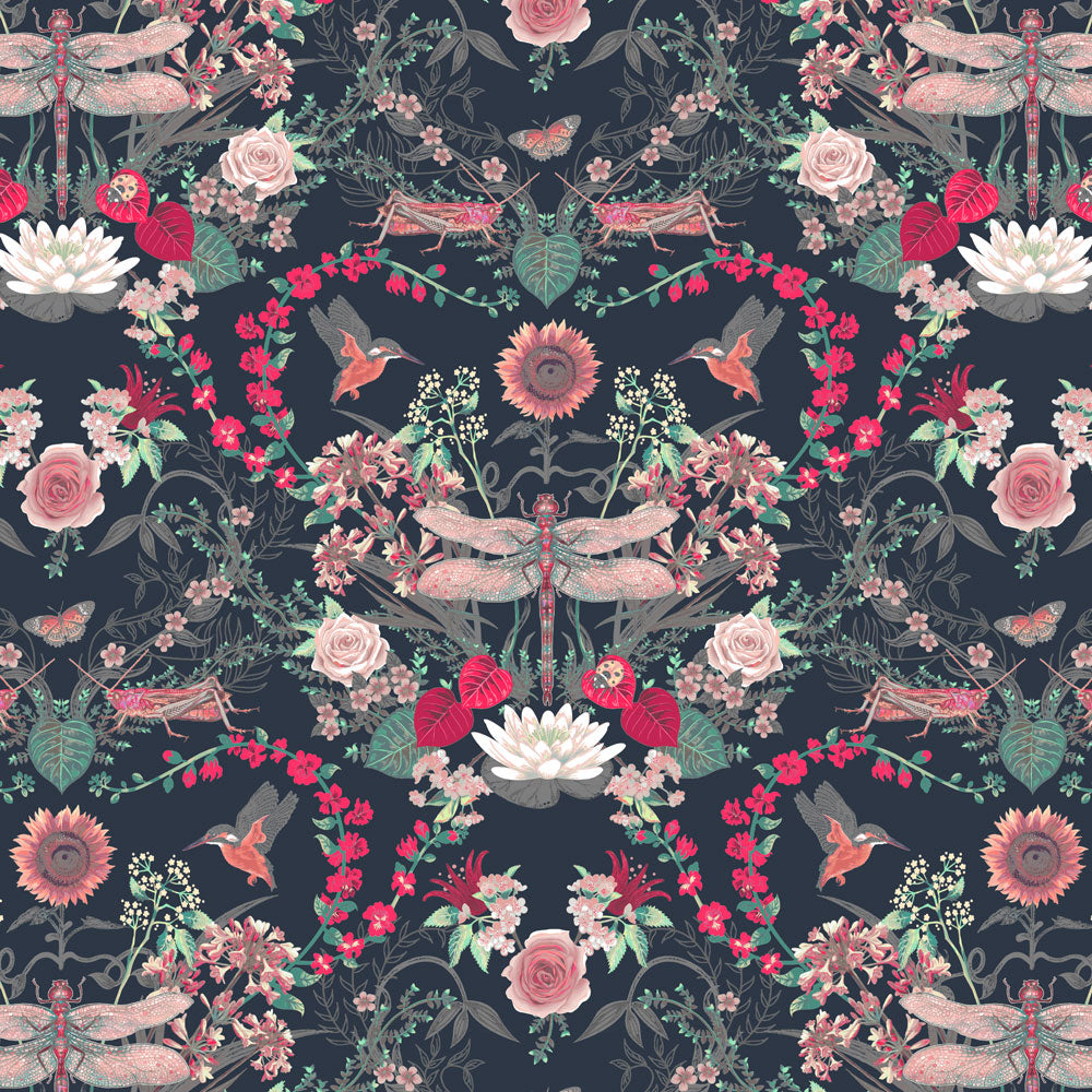 Dark Blue and Pink Dragonfly Statement Wallpaper by British Designer, Becca Who