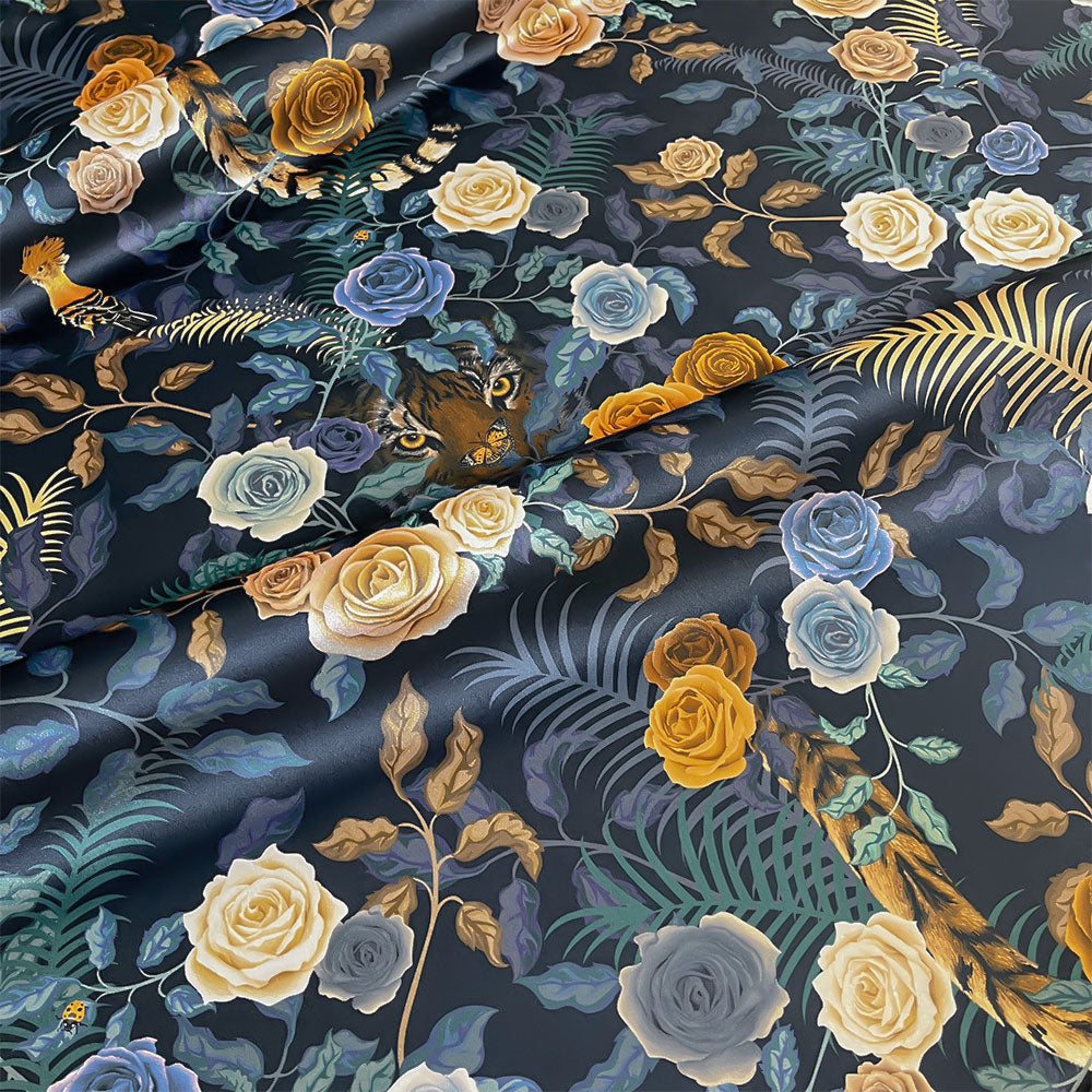 Bengal Rose Garden in Midnight Blue | Floral Velvet Fabric