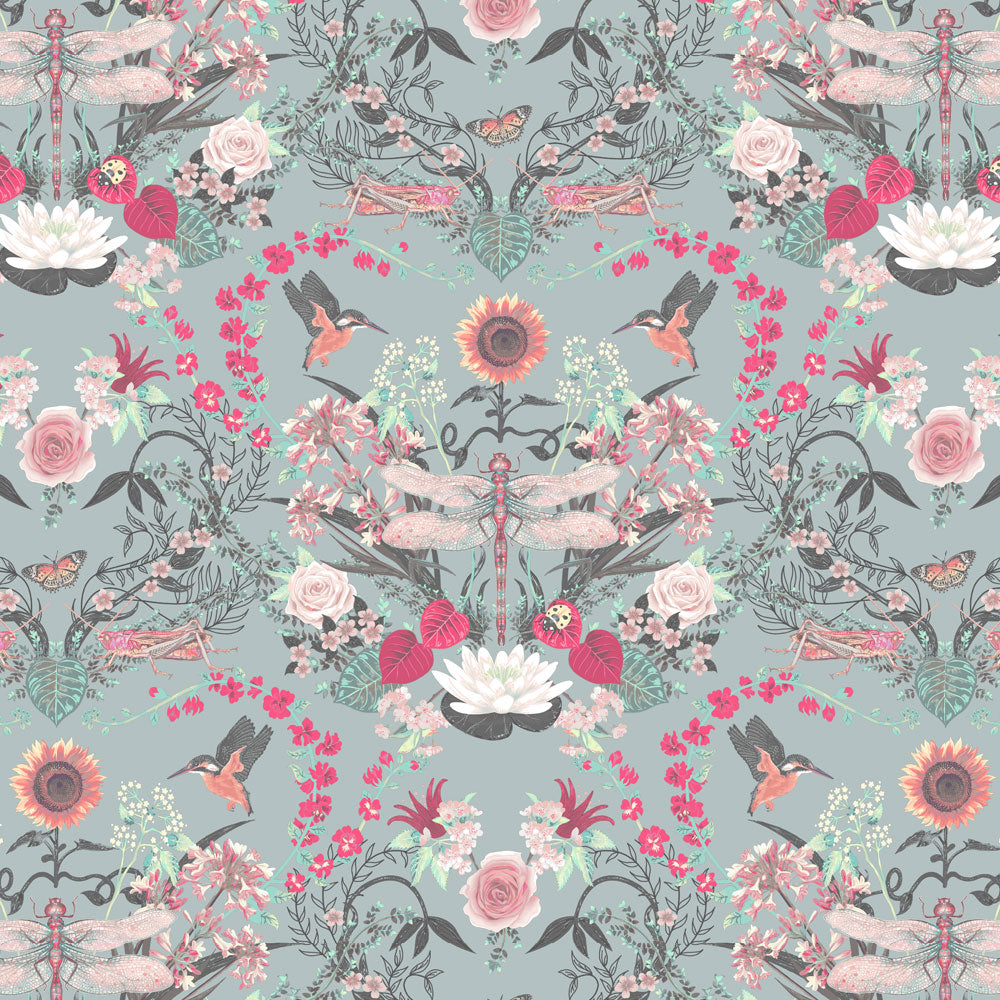 Pale Blue and Pink Dragonfly Statement Wallpaper by British Designer, Becca Who