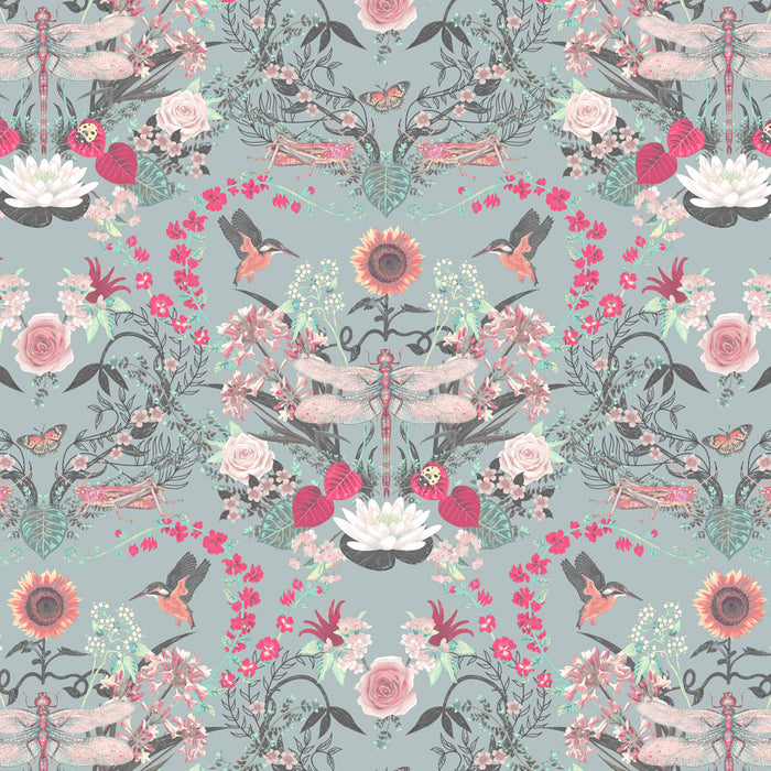 Pale Blue and Pink Dragonfly Statement Wallpaper by British Designer, Becca Who