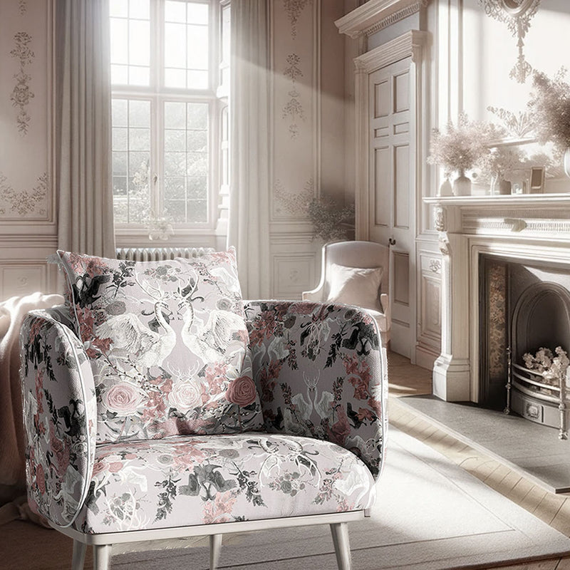 Pale Pink & Grey Swans Patterned Velvet Fabric for Upholstery by Designer, Becca Who