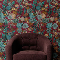 Vintage Style Burgundy Floral Wallpaper by Designer, Becca Who