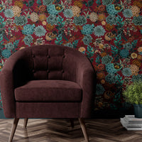 Vintage Style Heavy Floral Wallpaper in Burgundy by Designer, Becca Who