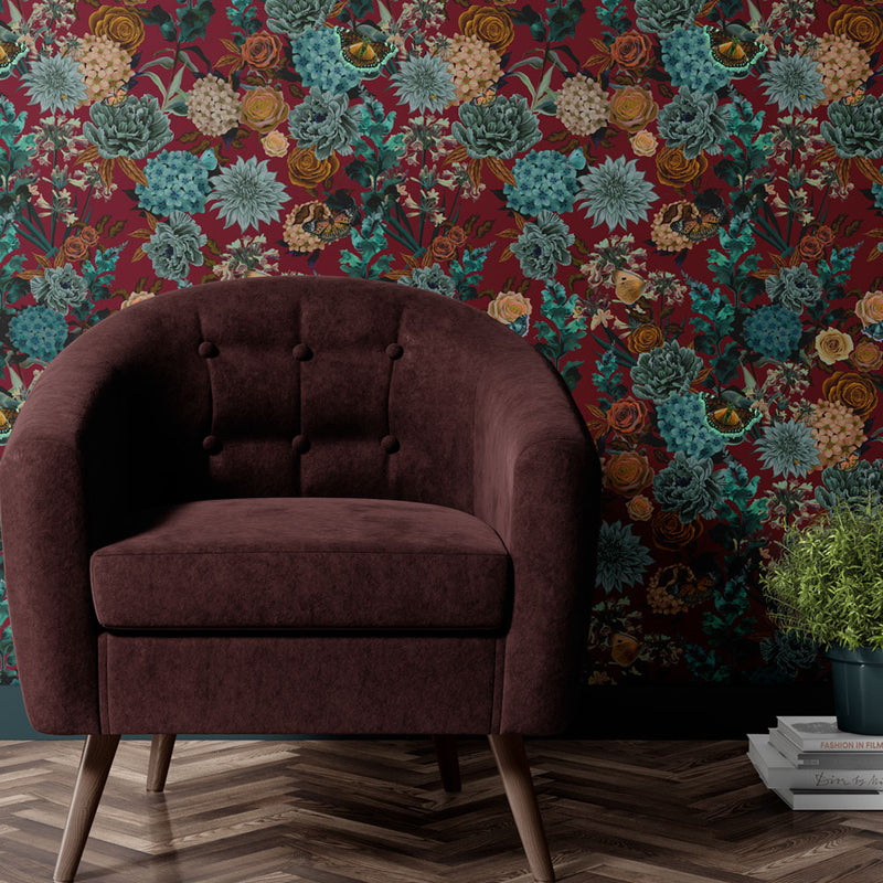Vintage Style Heavy Floral Wallpaper in Burgundy by Designer, Becca Who