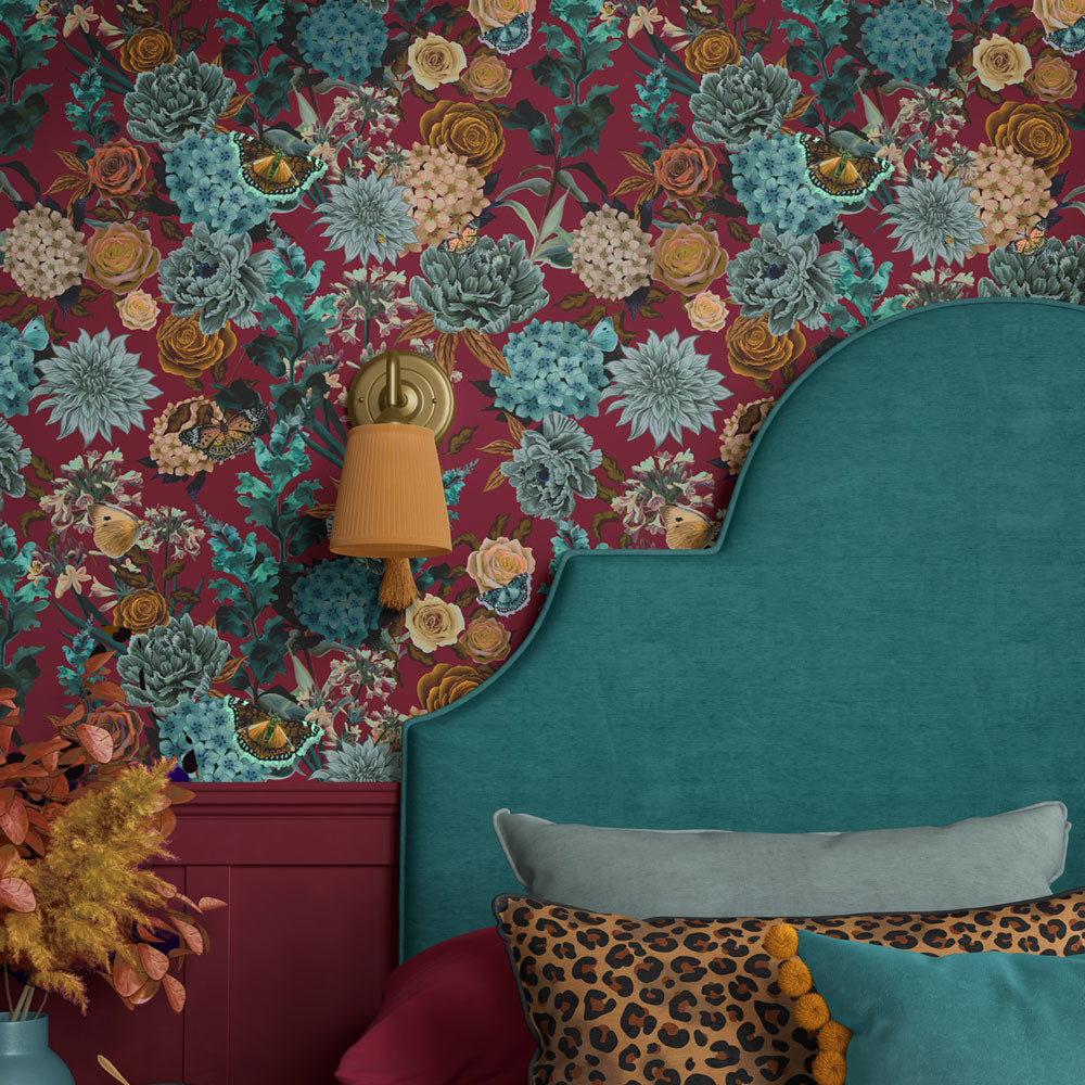 Vintage Style Floral Wallpaper in Statement Claret Burgundy Red