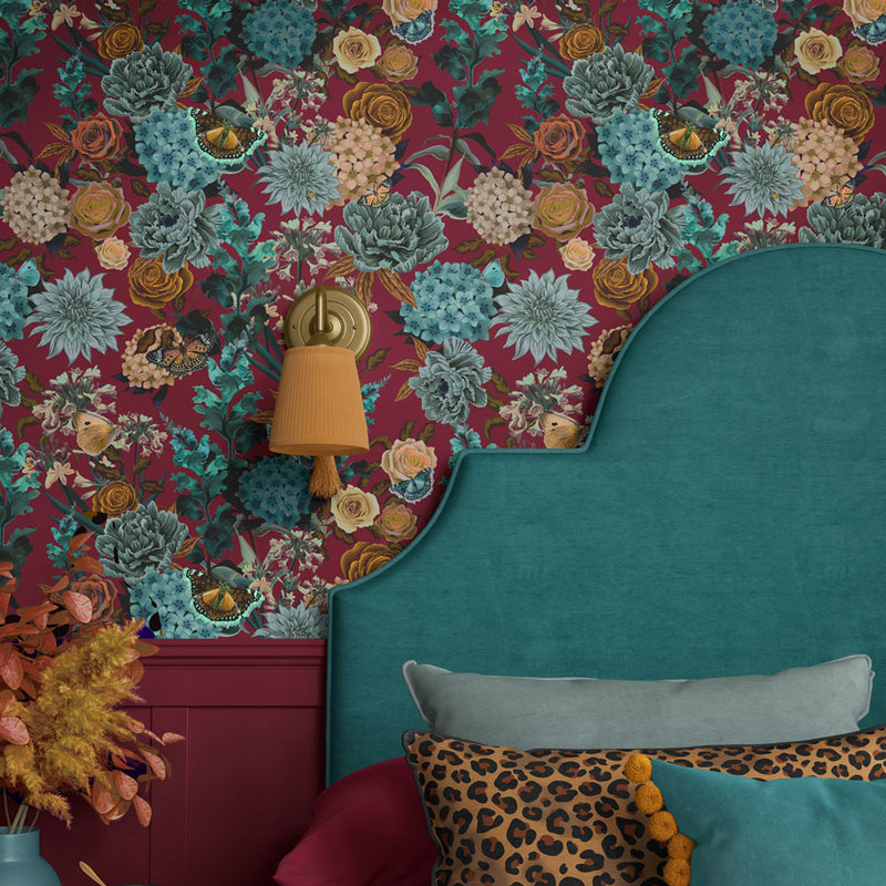 Vintage Style Floral Wallpaper in Statement Claret Burgundy Red