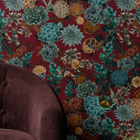Vintage Style Floral Patterned Wallpaper in Burgundy by Designer, Becca Who