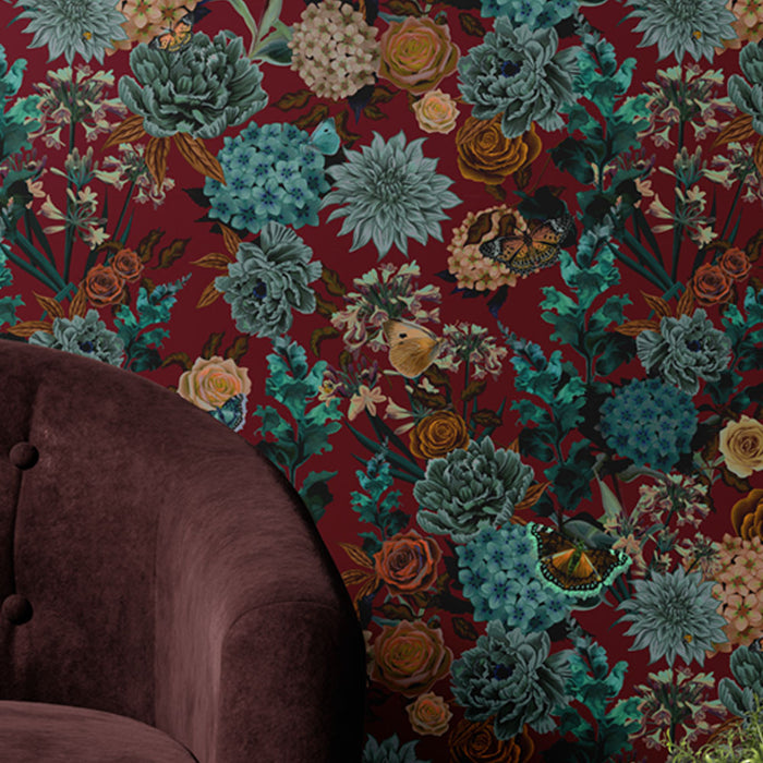 Vintage Style Floral Patterned Wallpaper in Burgundy by Designer, Becca Who