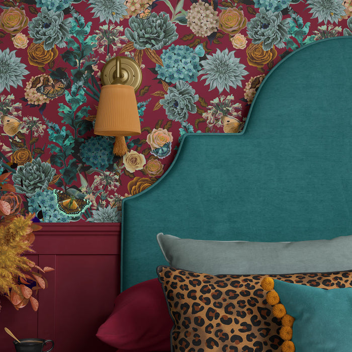 Vintage Style Wallpaper in Statement Floral Claret Burgundy Red