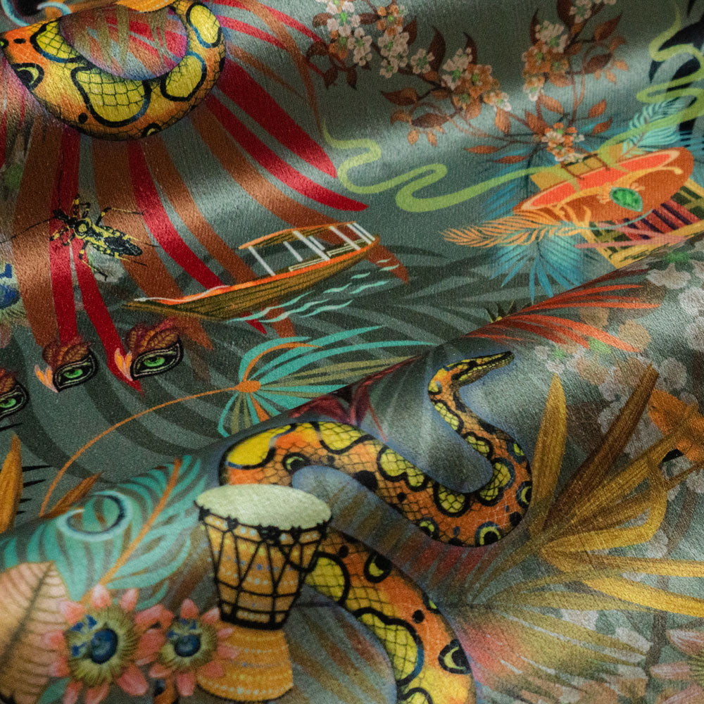 Amazon Trip velvet fabric in jade green photographed at an angle to show the subtle sheen