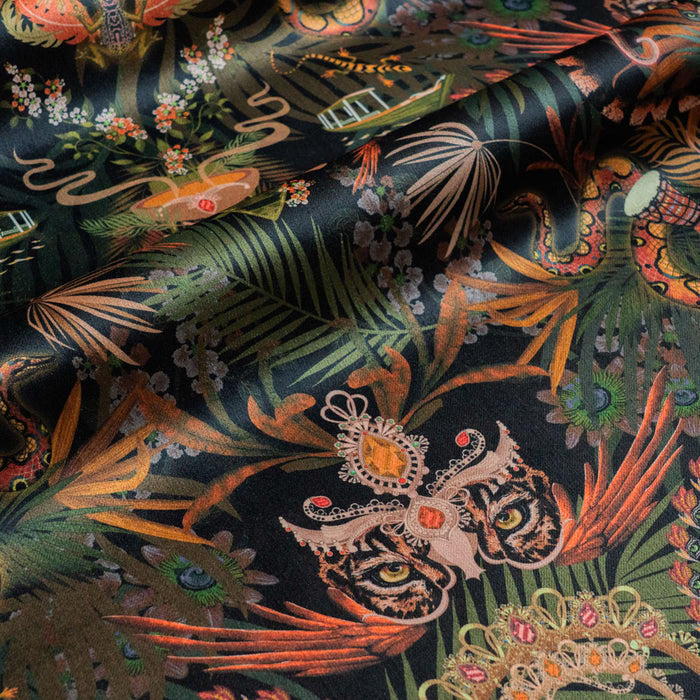 Amazon Trip black and gold jungle print designer velvet fabric by Becca Who, with a jaguar, macaws, rainbow boas and monkeys