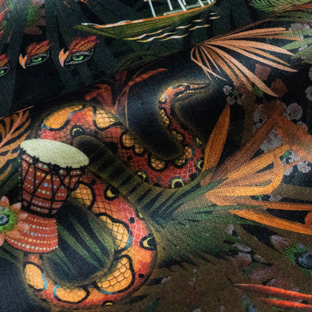 Detail of the rainbow boa on black and gold jungle print velvet furnishing fabric