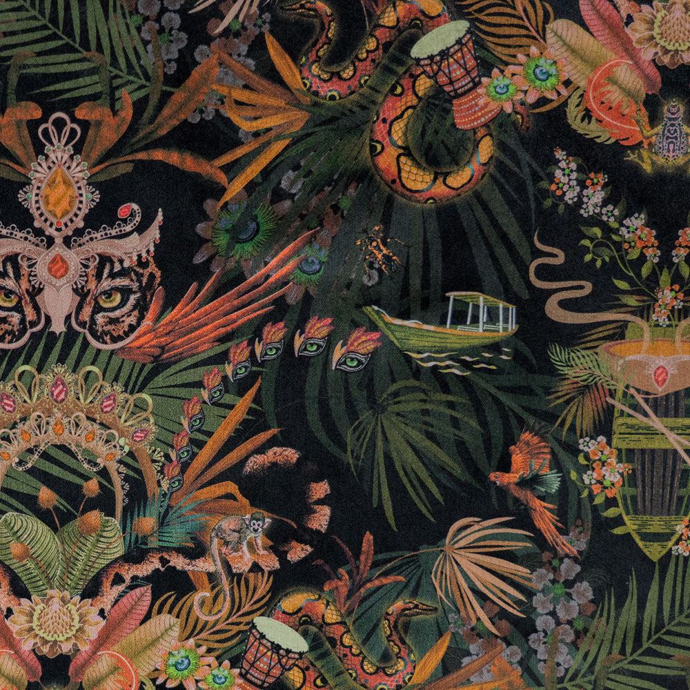 Close-up of the Amazon Trip artwork on black and gold patterned velvet upholstery fabric