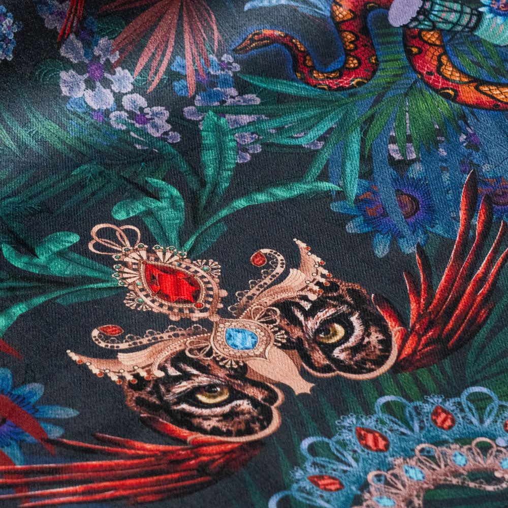 Close-up of the jaguar on Amazon Trip midnight blue patterned velvet upholstery fabric