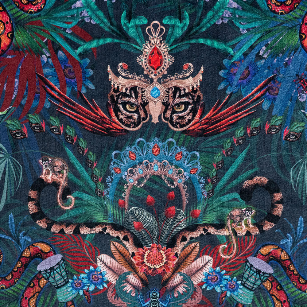Jaguar, Rainbow Boas and monkeys among tropical flowers on Amazon Trip jungle print velvet fabric in midnight blue