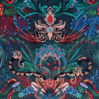 Jaguar, Rainbow Boas and monkeys among tropical flowers on Amazon Trip jungle print velvet fabric in midnight blue