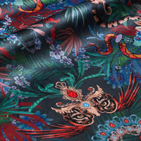 Amazon Trip midnight blue jungle print designer velvet fabric by Becca Who, with a jaguar, macaws, rainbow boas and monkeys