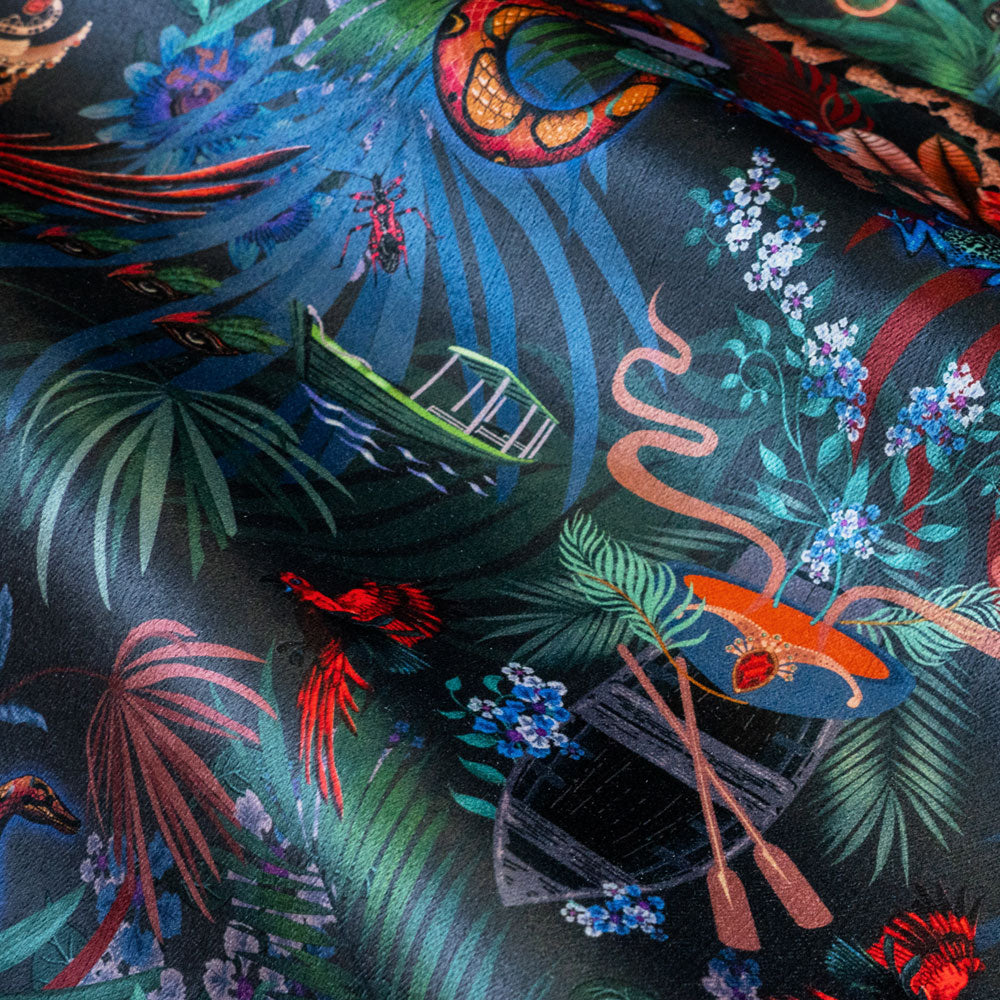 Soft velvet pile and fine print detail on midnight blue jungle print fabric