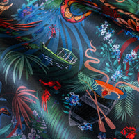 Soft velvet pile and fine print detail on midnight blue jungle print fabric