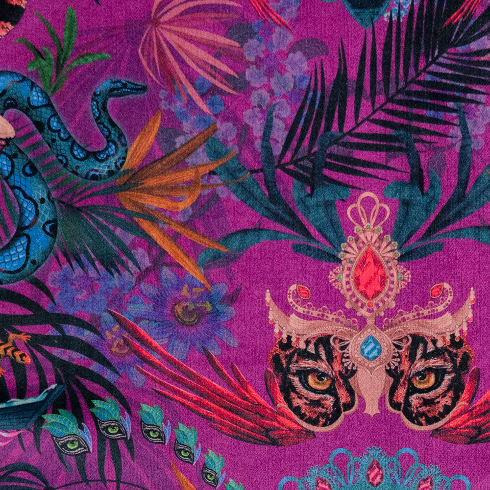 Close-up of the jaguar on Amazon Trip violet patterned velvet upholstery fabric