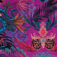 Close-up of the jaguar on Amazon Trip violet patterned velvet upholstery fabric