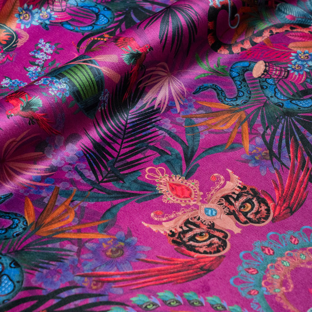 Amazon Trip violet jungle print designer velvet fabric by Becca Who, with a jaguar, macaws, rainbow boas and monkeys