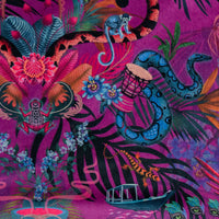 Close-up of Rainbow Boa, monkey and frog among tropical flowers on Amazon Trip jungle print velvet fabric in violet