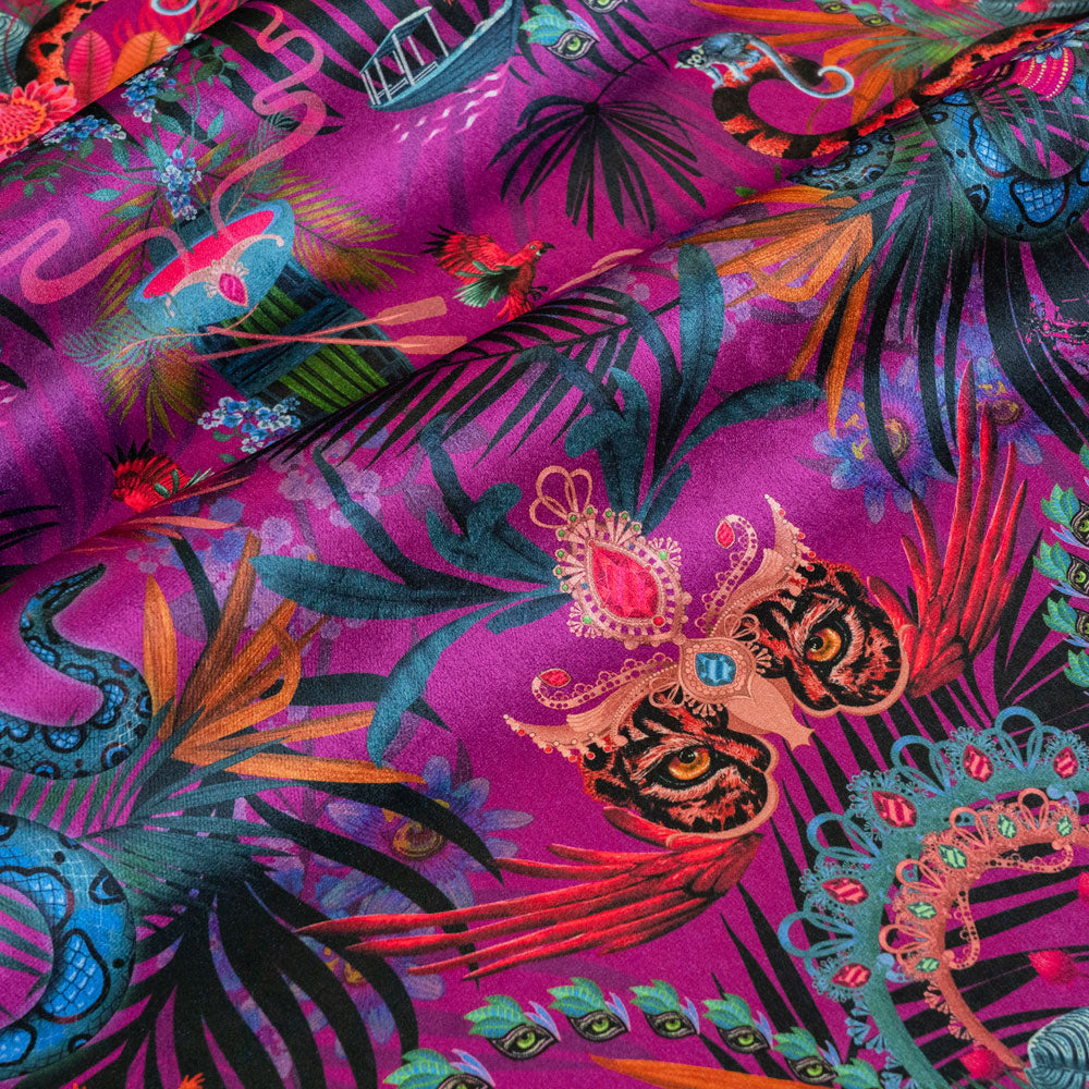 Rippled lengths of Amazon Trip violet jungle print velvet fabric for upholstery and cushions