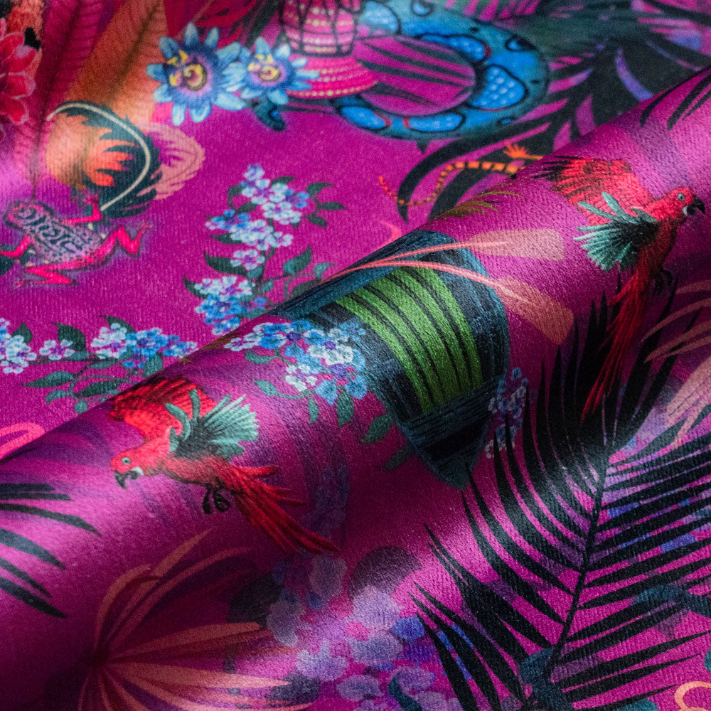 Soft velvet pile and fine print detail on violet jungle print fabric