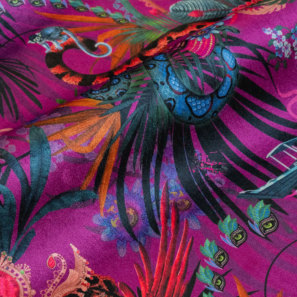 Amazon Trip velvet fabric in violet photographed at an angle to show the subtle sheen