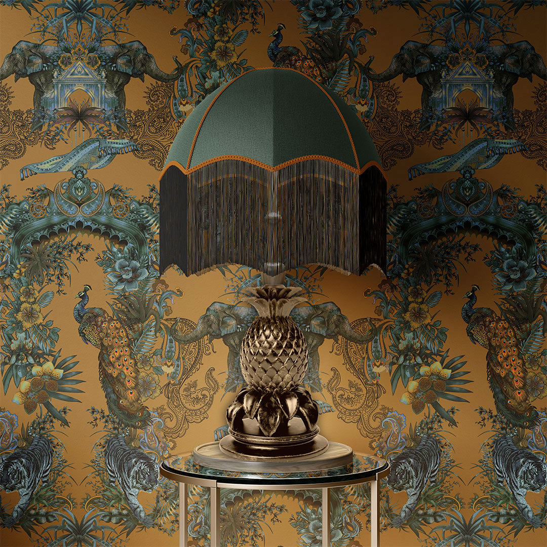 Becca Who Wallpaper in Rich Amber Mustard Gold Patterned luxury designer interiors