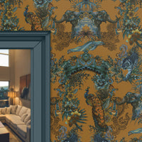 Designer Wallpaper by Becca Who in Amber Gold with Teal