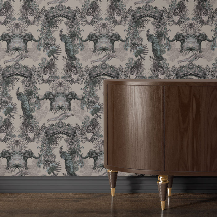 Elegant Statement Designer Wallpaper in Antique Silver with Indian Pattern & Wildlife by Becca Who