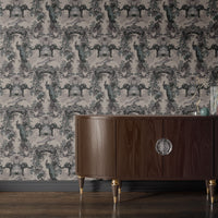 Luxury Statement Designer Wallpaper in Antique Silver with Indian Pattern & Wildlife by Becca Who